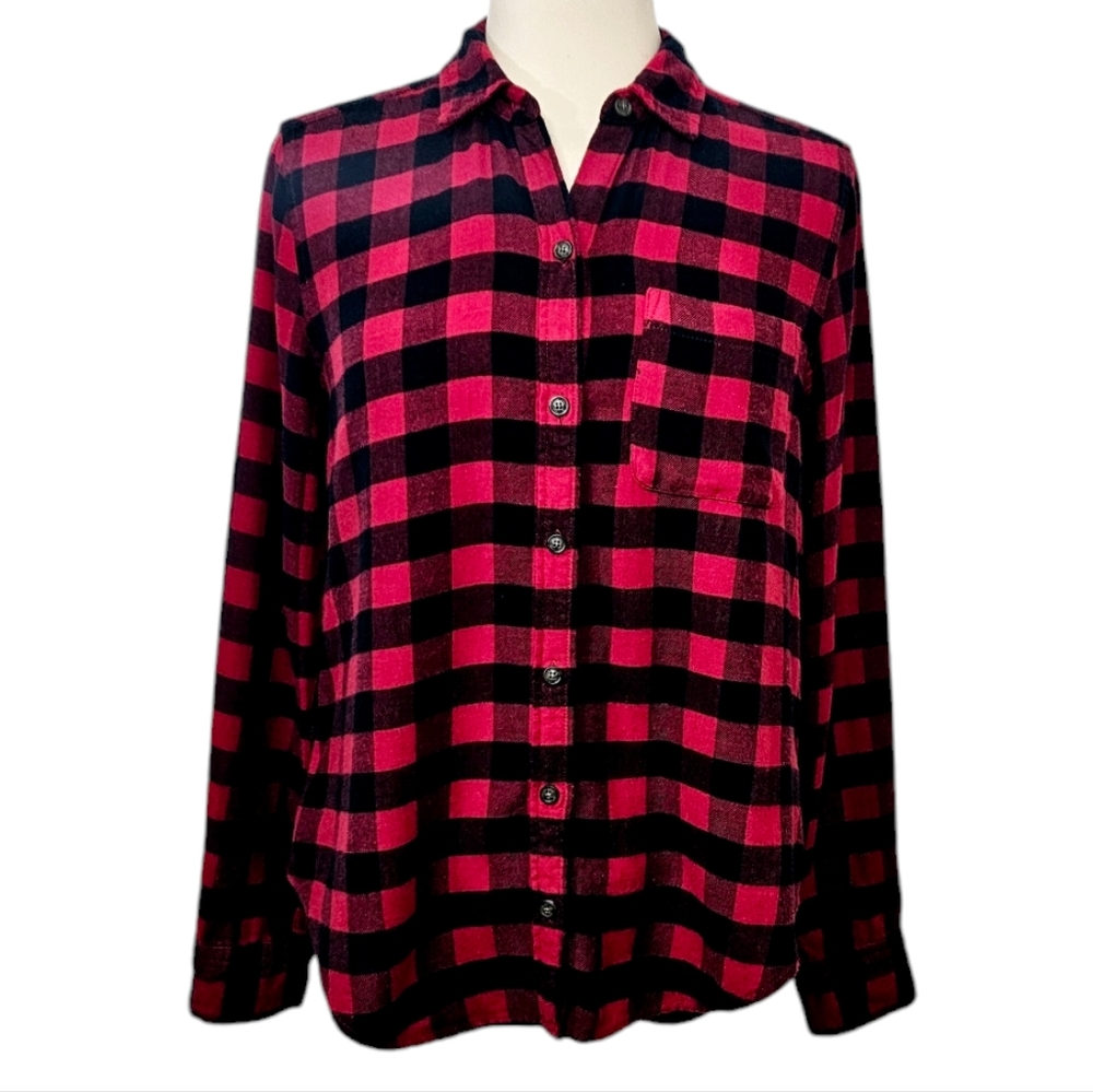 Abercrombie & Fitch Buffalo Plaid Flannel Shirt Red Black Relaxed Fit Small - Picture 2 of 10